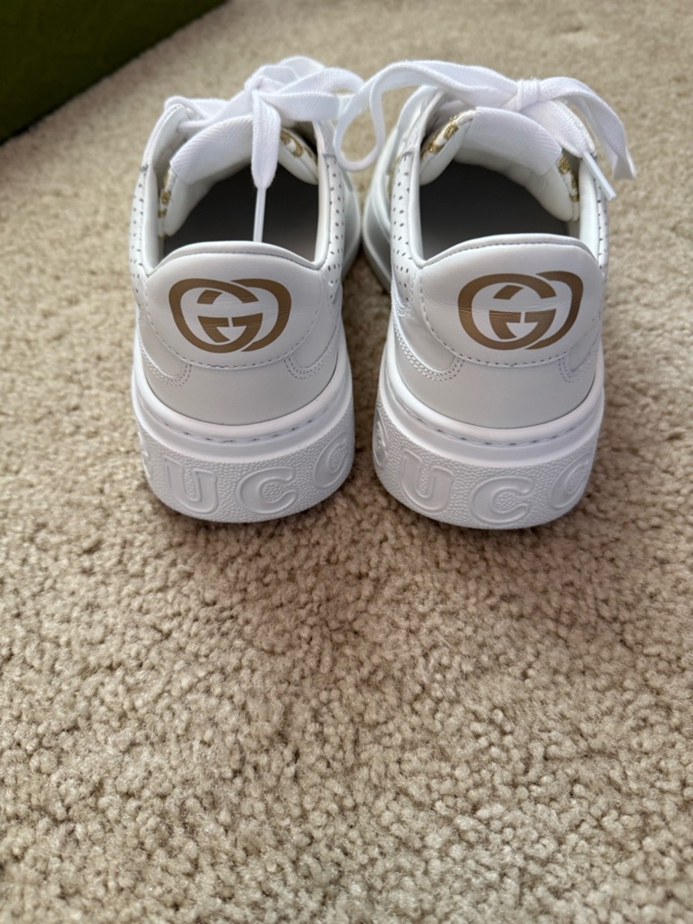 Gucci White Leather Sneakers with Gold GG Motif - Picture 2 of 5